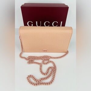 GUCCI Dollar Marmont Calfskin Enamel Logo Mini G Perfect Pink Wallet Chain Bag